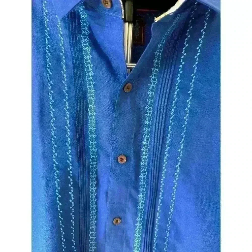 Vintage American Blues Embroidered Men’s Shirt XL Linen Mexico Long sleeve Blue